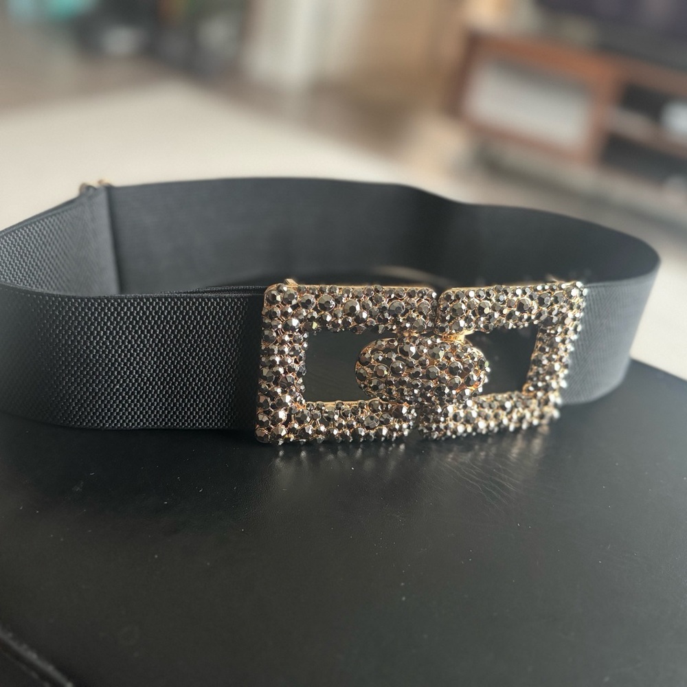 Aldo Black Waist Belt with Black Rhinestone Buckle